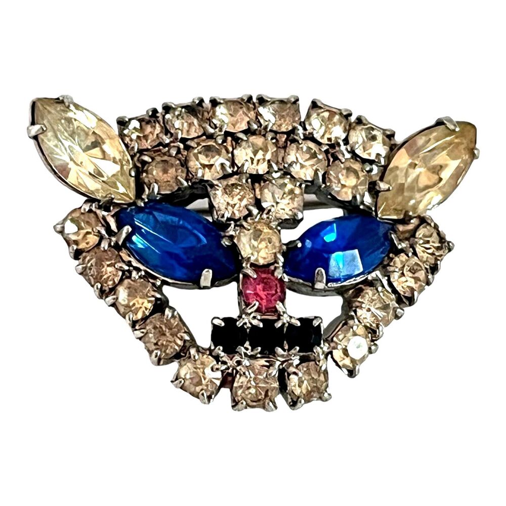 Vintage 1960s Cat Face Brooch Rhinestone Silver Tone Mid Century - 3K